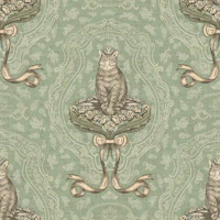 Cat queen with rococo bow M – sage & cream wallpaper