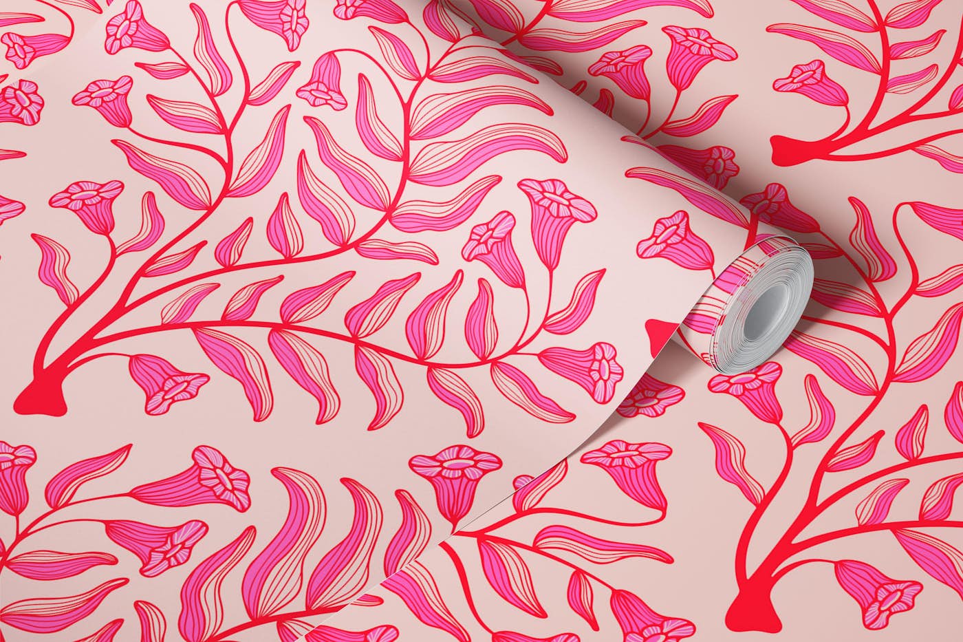 Trumpet Flower Damask Floral Pretty Pink wallpaper roll
