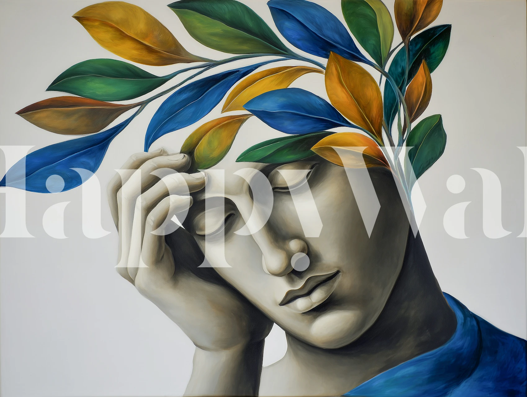 Human figure with leafy green and blue elements wallpaper