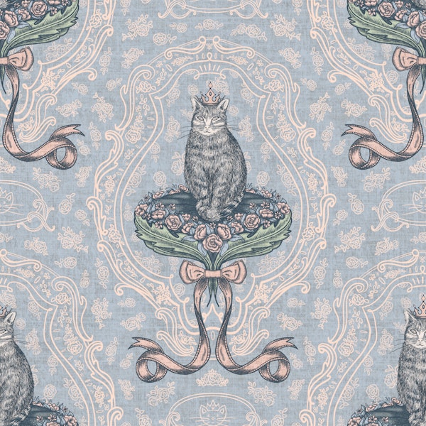 Cat queen with rococo bow L – blue & pink