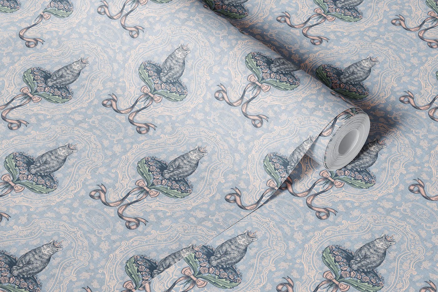 Cat queen with rococo bow M – blue & pink wallpaper roll