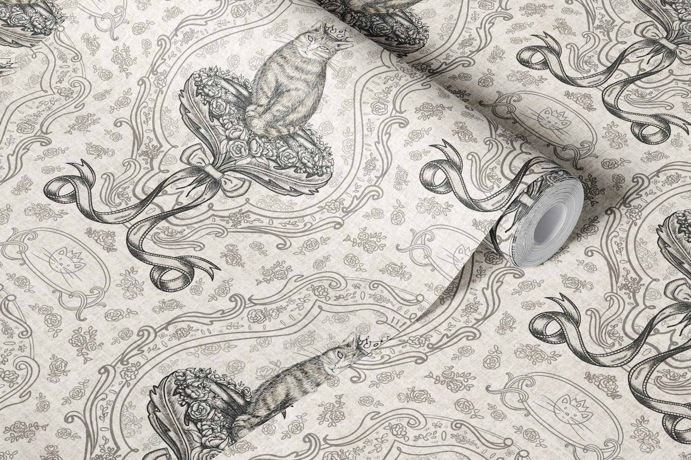 Cat Queen with Rococo Bow L – black & white wallpaper roll