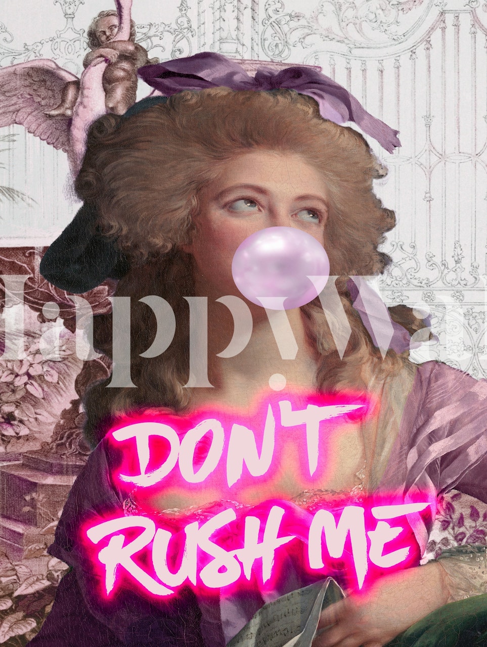 Vintage pop art wallpaper featuring a woman with bubble gum