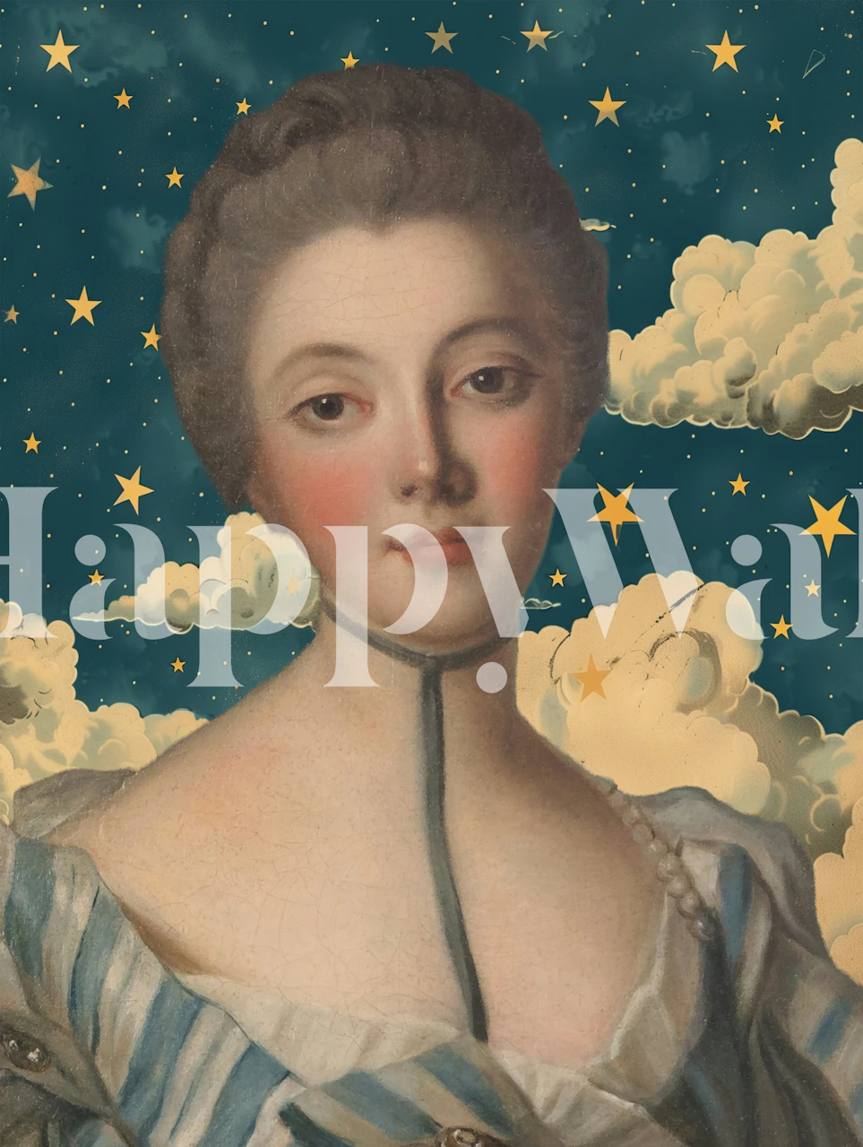 Portrait of a woman with stars and clouds background wallpaper