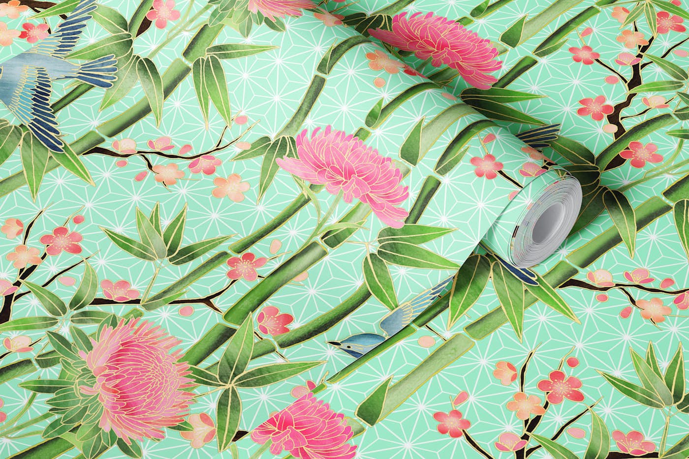 Bamboo Birds and Blossoms on Mint wallpaper roll