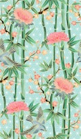 Bamboo Birds and Blossoms on Pastel Blue carta da parati