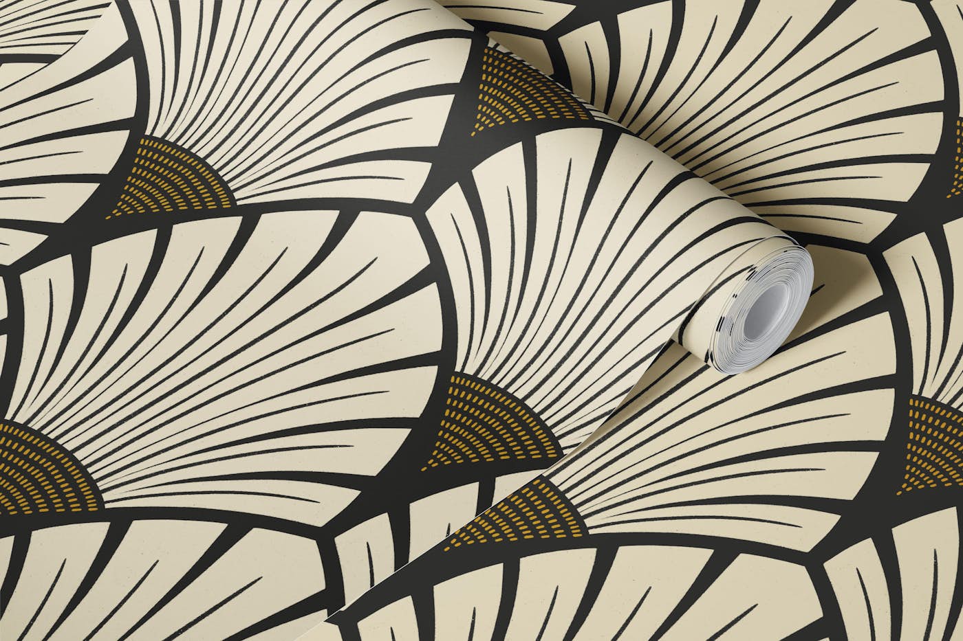 art deco scallops - black white golden wallpaper roll