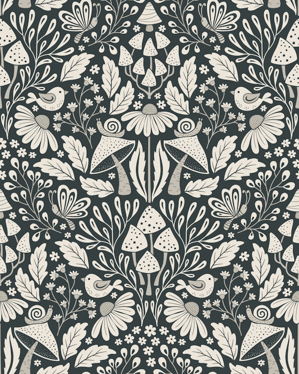 boho forest damask - monochrome black