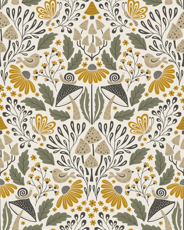 boho forest damask - earthy - green mustard
