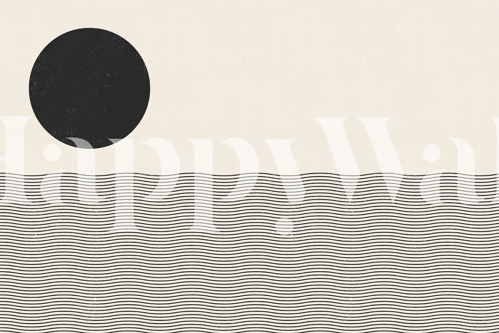 Fototapeta z falami oceanu Blockprint z abstrakcyjnym przedstawieniem delikatnych fal morskich pod dużym czarnym kółkiem na kremowym tle.
