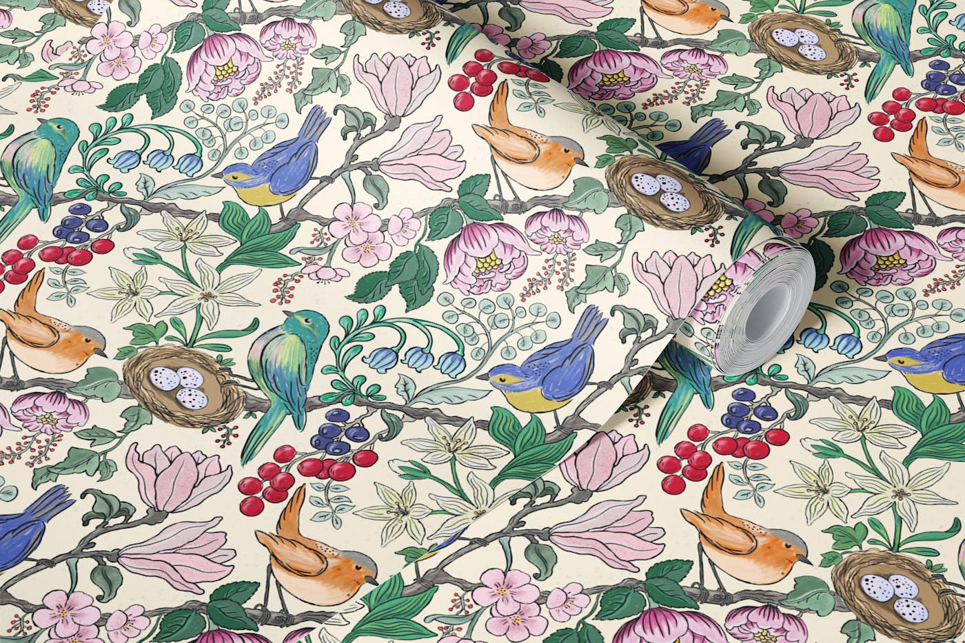 Garden of Birds Delight - Vanilla Small wallpaper roll
