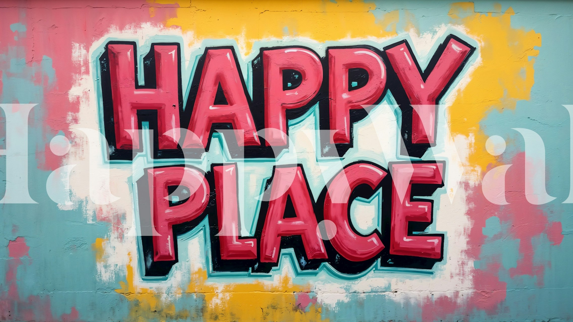 Colorful 'Happy Place' text mural in pink and blue wallpaper
