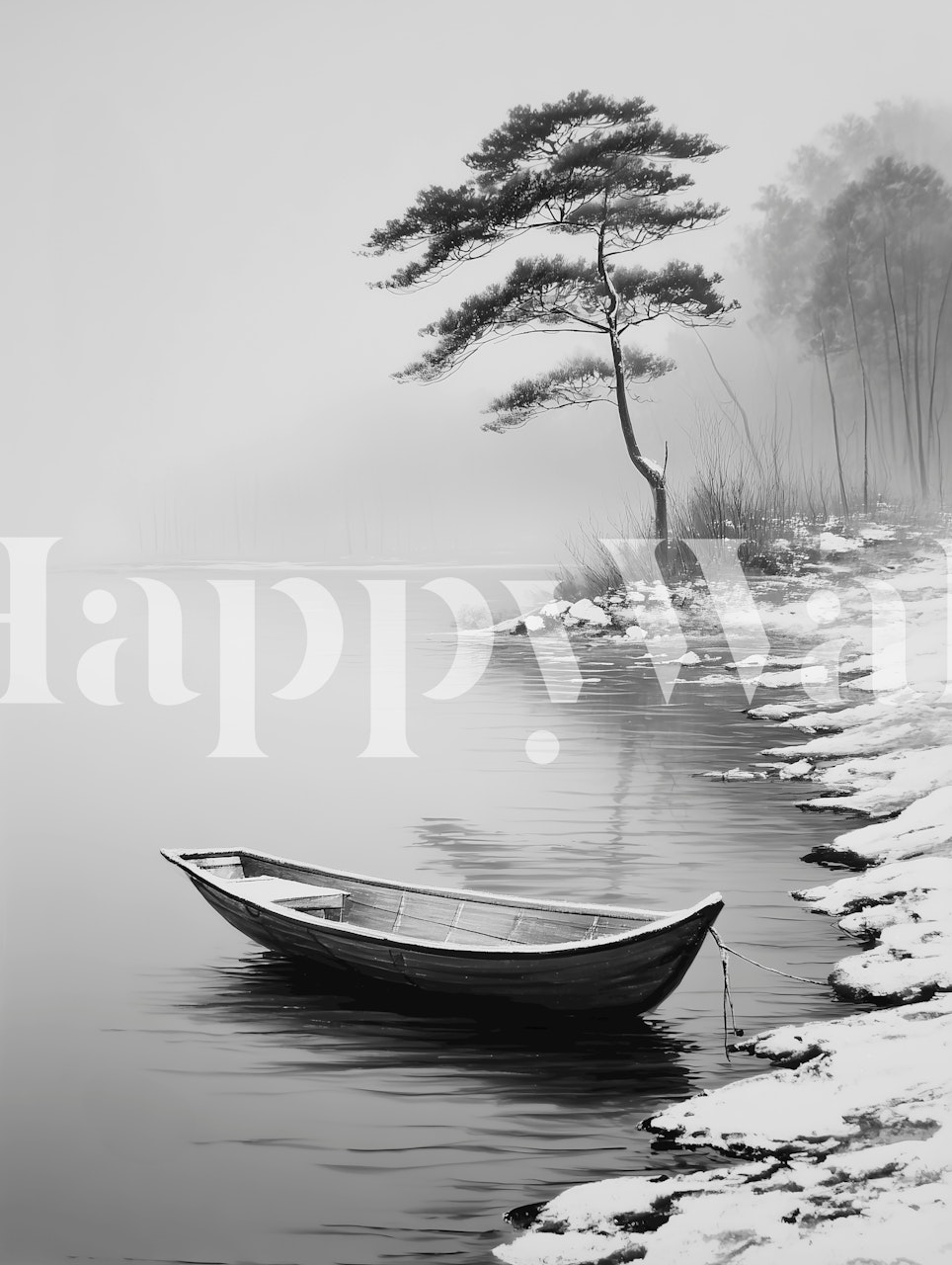 Serene winter lake scene wallpaper in a room