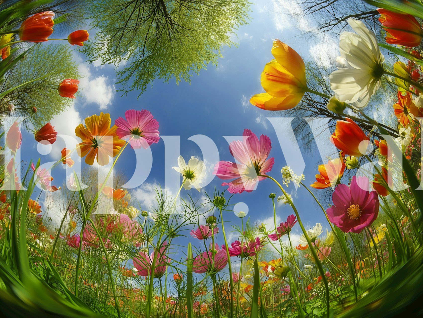 Colorful flowers and green grass under a blue sky wallpaper
