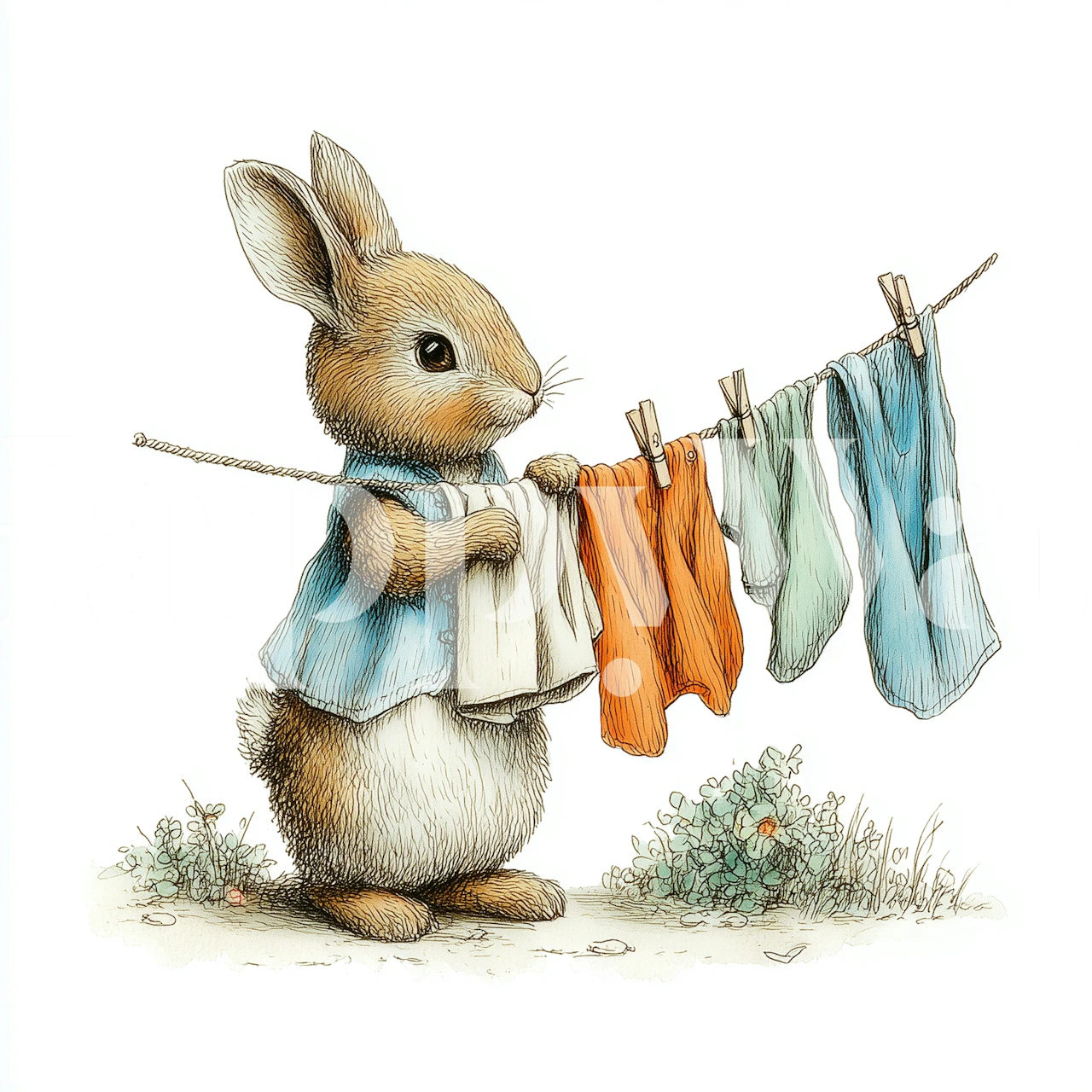 Charming rabbit hanging laundry wallpaper