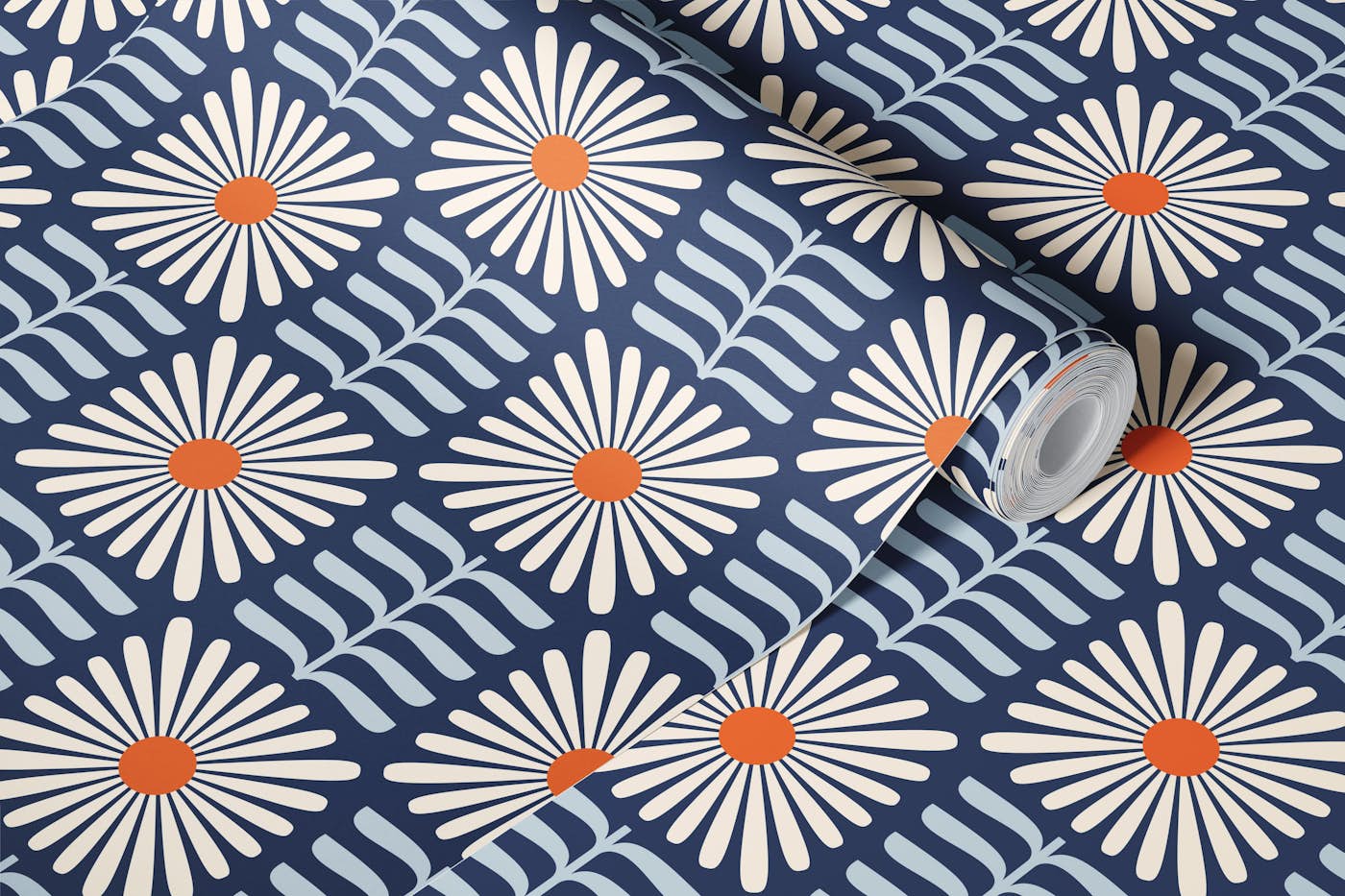 Retro Squared Daisy in Blue Orange - S wallpaper roll
