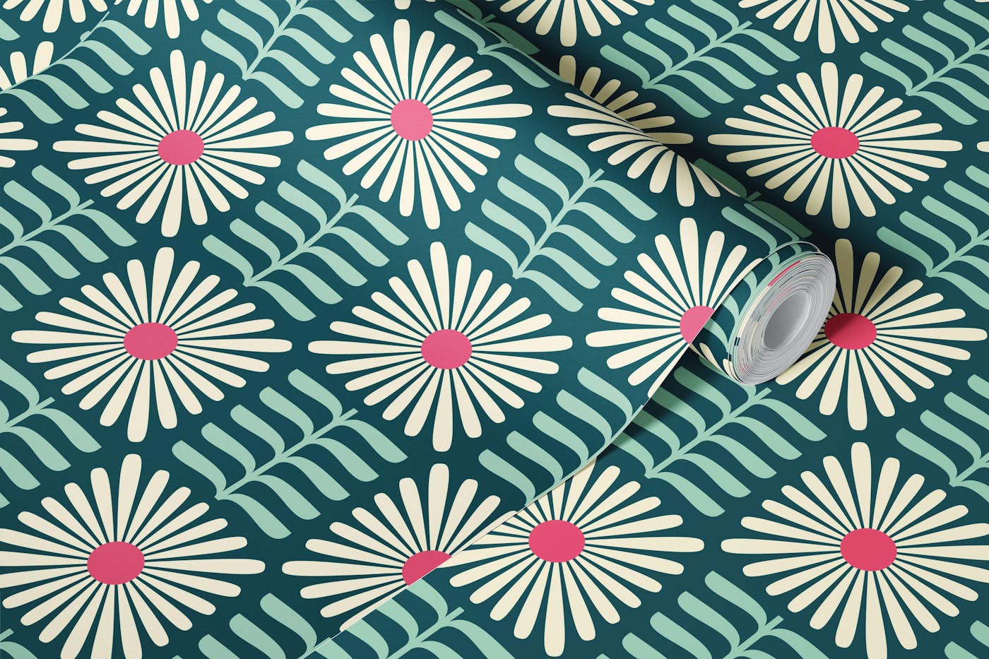 Retro Squared Daisy in Green Pink - S wallpaper roll