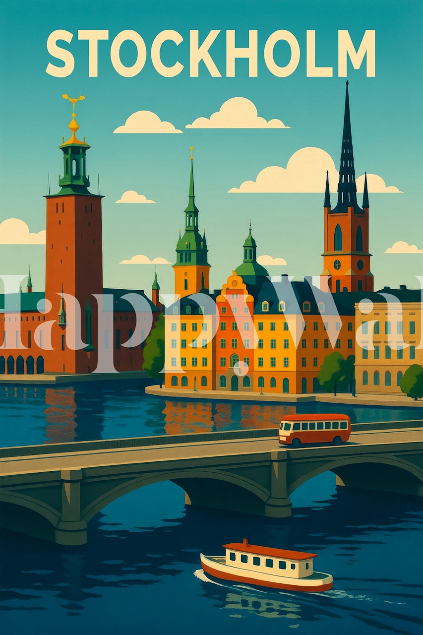 Retro illustration of Stockholm skyline with buildings and water wallpaper