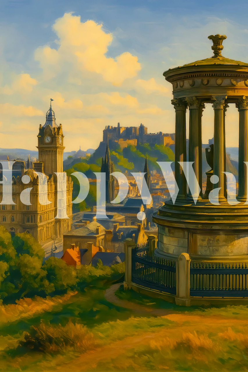 Magical cityscape wallpaper in a room setting