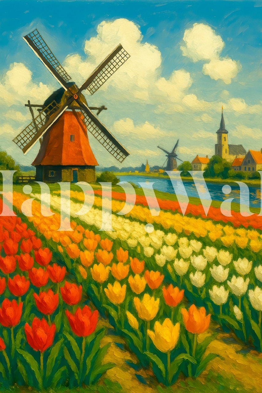 Tulips in vibrant colors with a windmill on a lake wallpaper