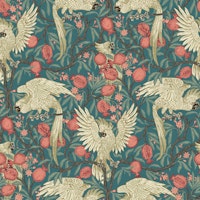 Cockatoo and Pomegranate in teal blue wallpaper