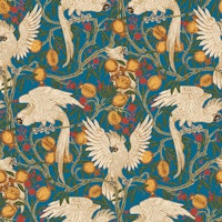 Cockatoo and Pomegranate in orient blue wallpaper