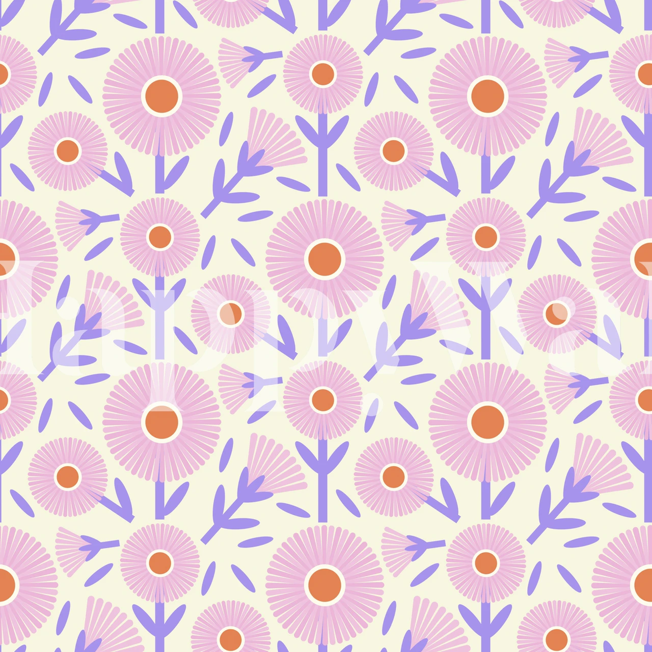 Bright pink and orange flowers with green leaves wallpaper