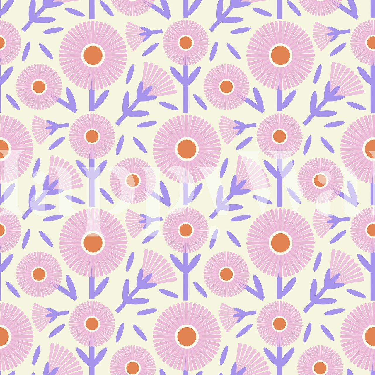 Bright pink and orange flowers with green leaves wallpaper