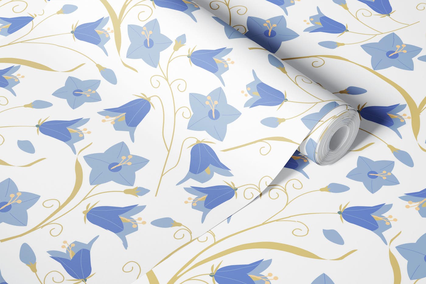 Blue Bellflower Floral Pattern on White wallpaper roll