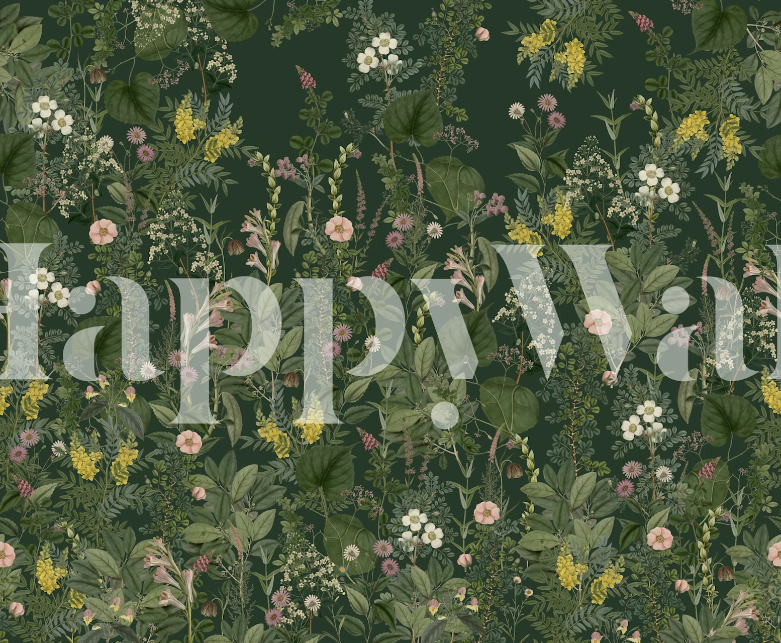 Lush green floral wallpaper design with various flowers and leaves