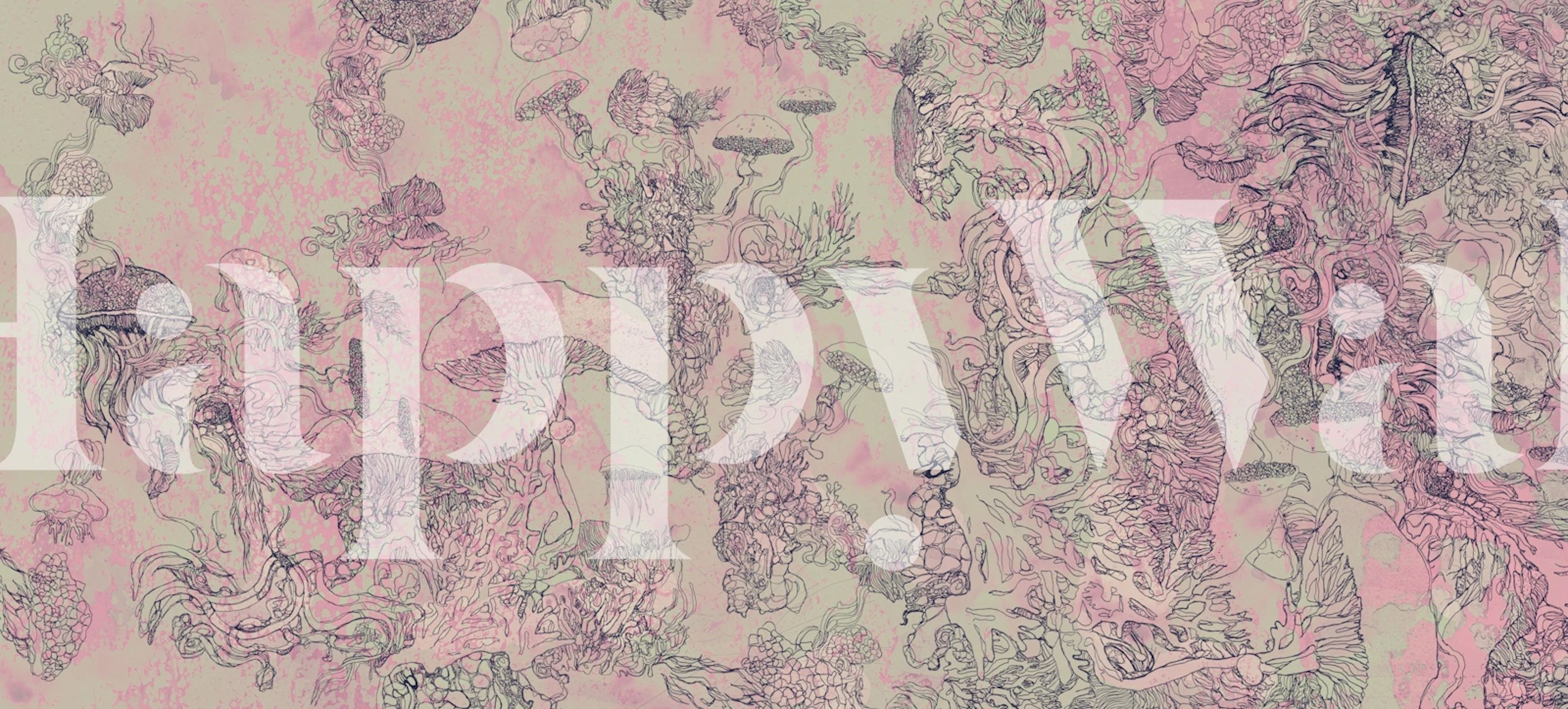 Japanese landscape with jellyfish, pink and green tones wallpaper