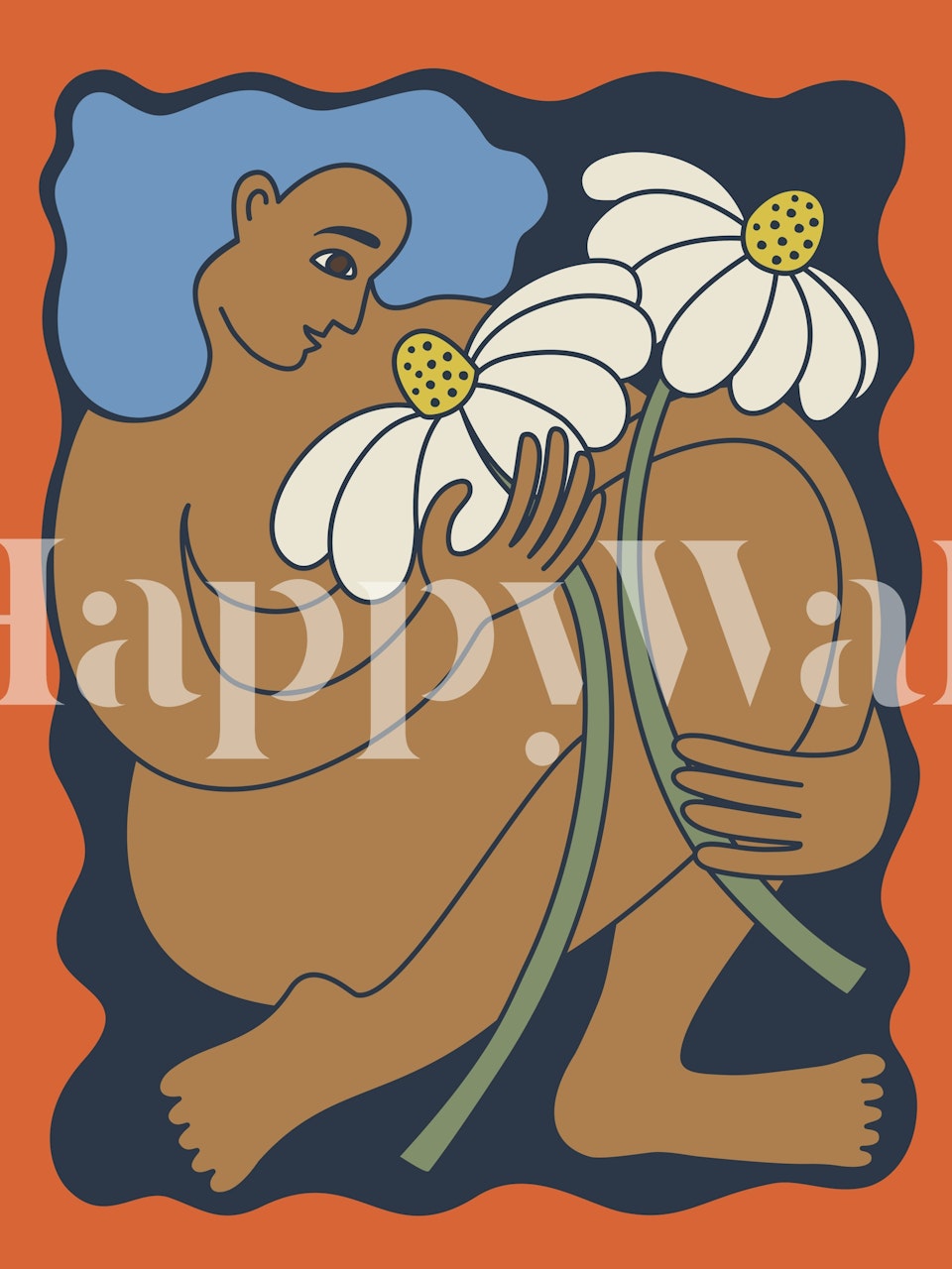 Woman with blue hair holding white daisies on orange background wallpaper
