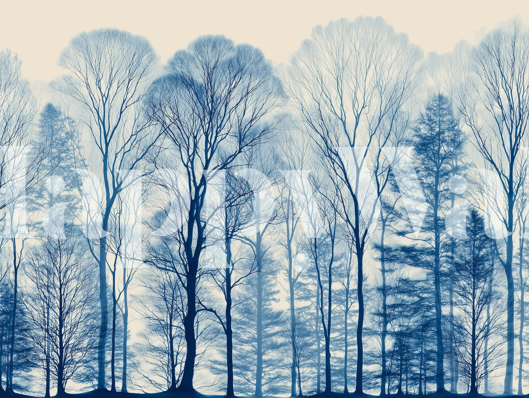 Silhouette of trees in various shades of blue wallpaper