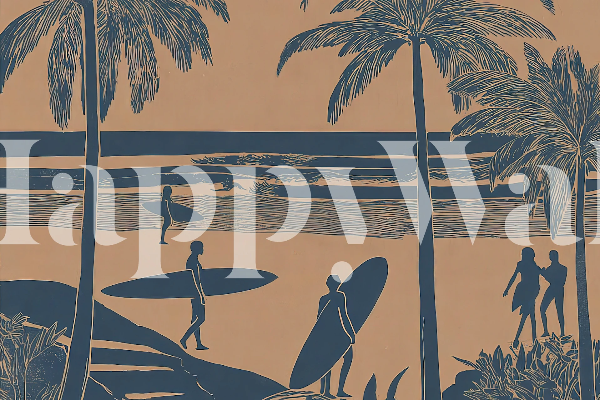 Surfing figures and palm trees on a tan background coastal wallpaper