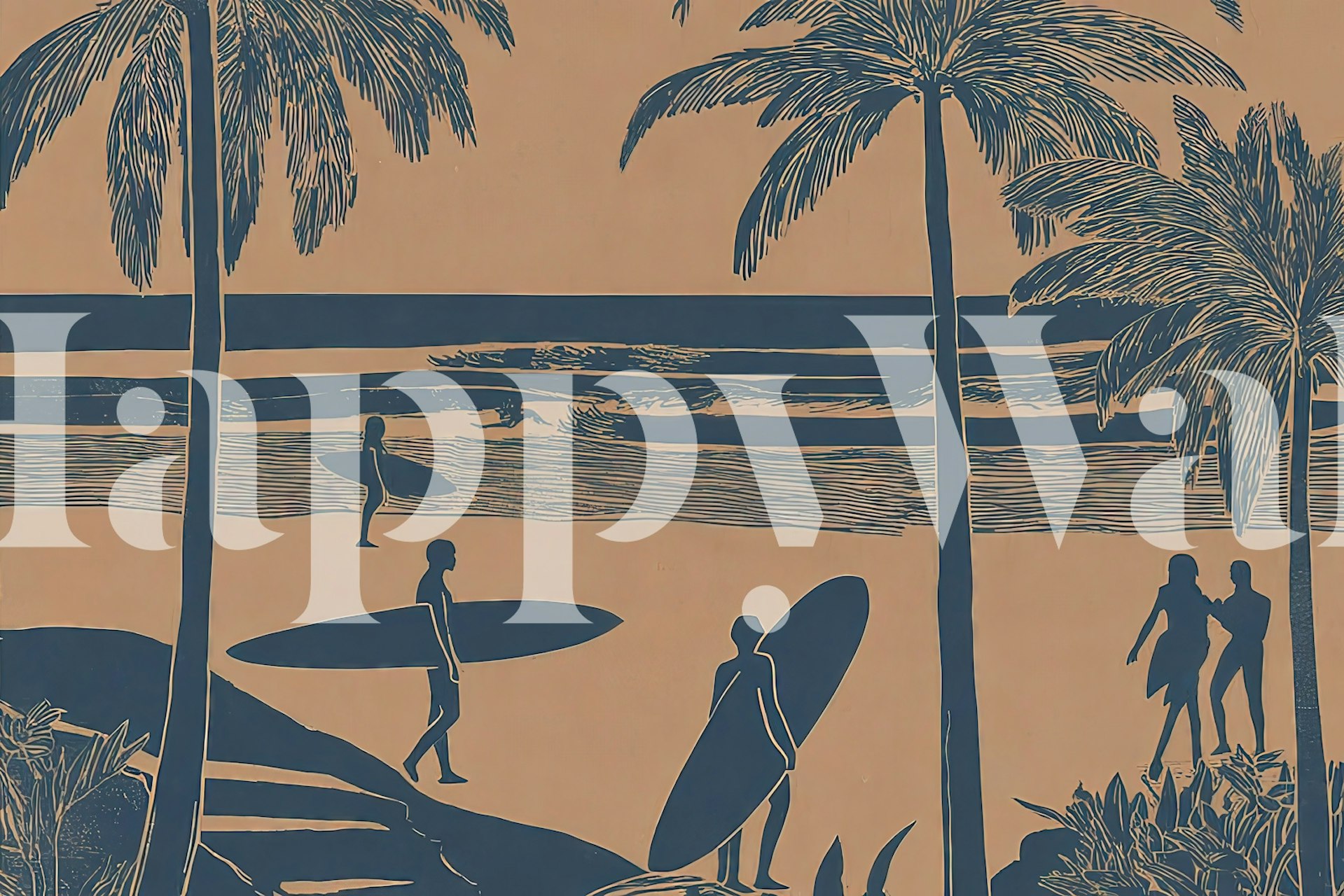 Surfing figures and palm trees on a tan background coastal wallpaper