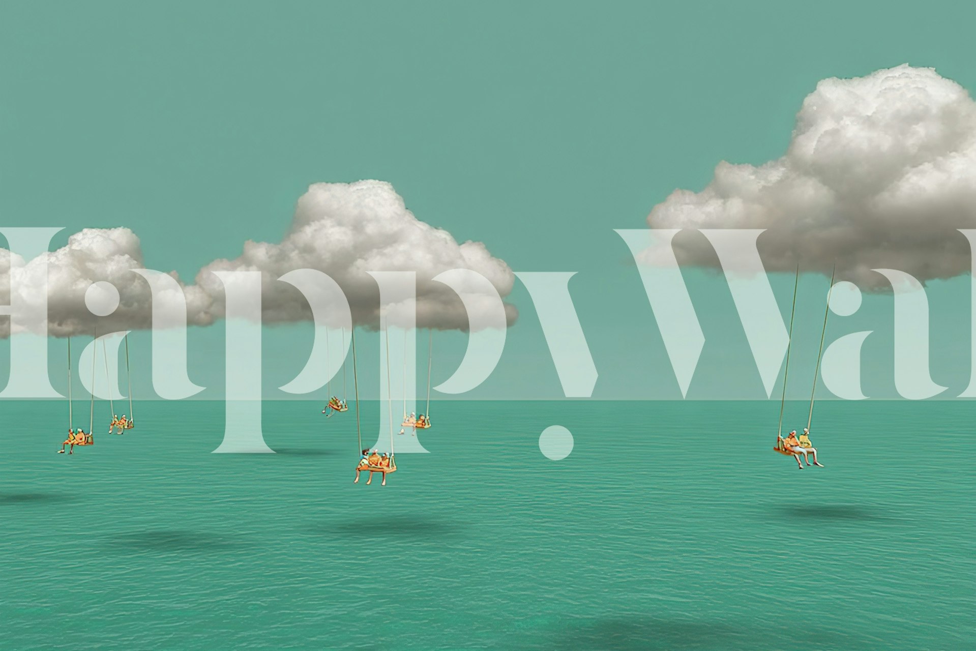 Kids swinging on clouds above turquoise water wallpaper