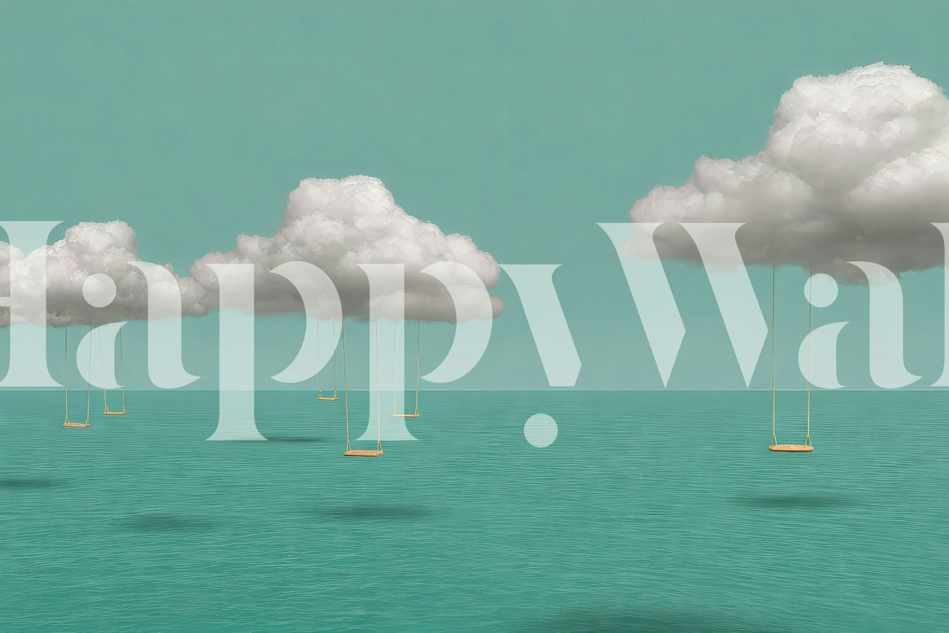 Kids swinging on clouds above turquoise water wallpaper