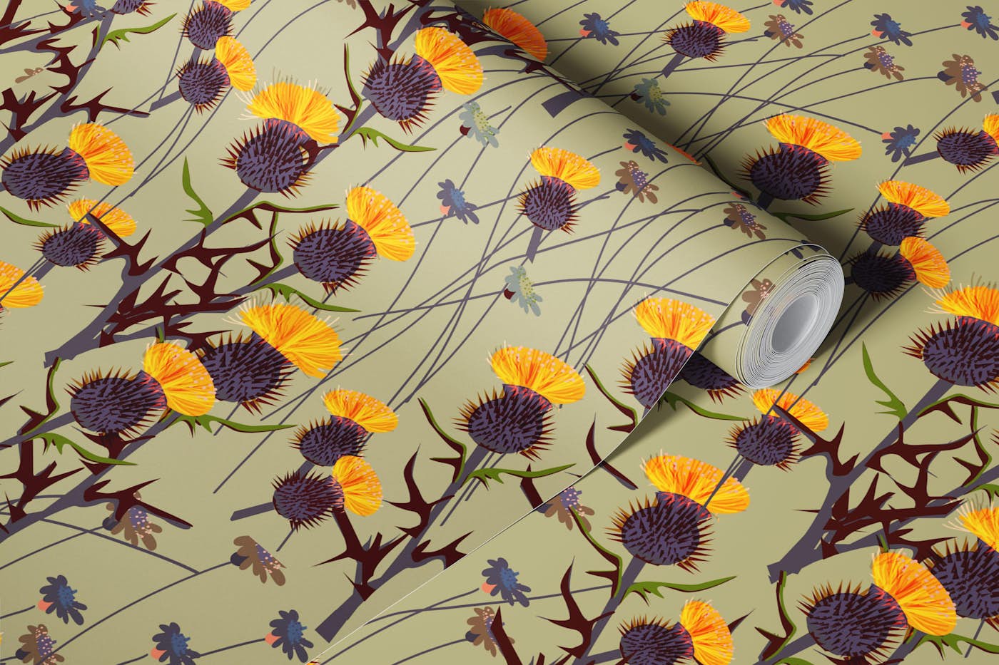 Golden Thistle on Olive wallpaper roll