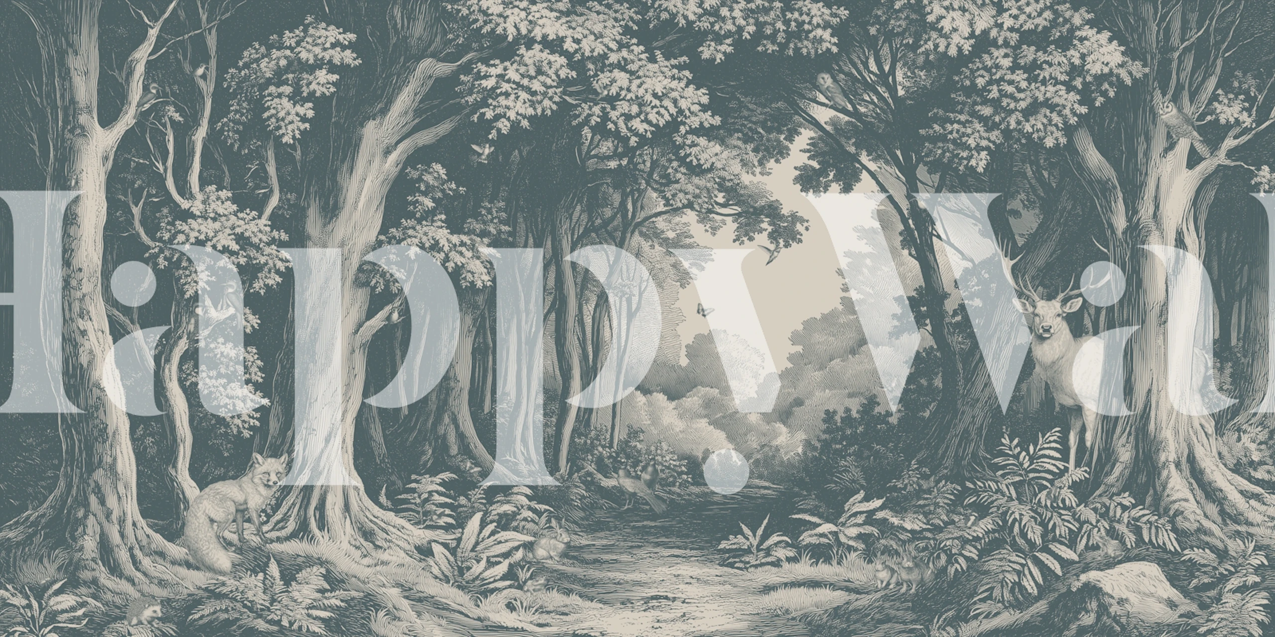 Wildlife forest scene featuring deer, trees, and a bear in teal wallpaper