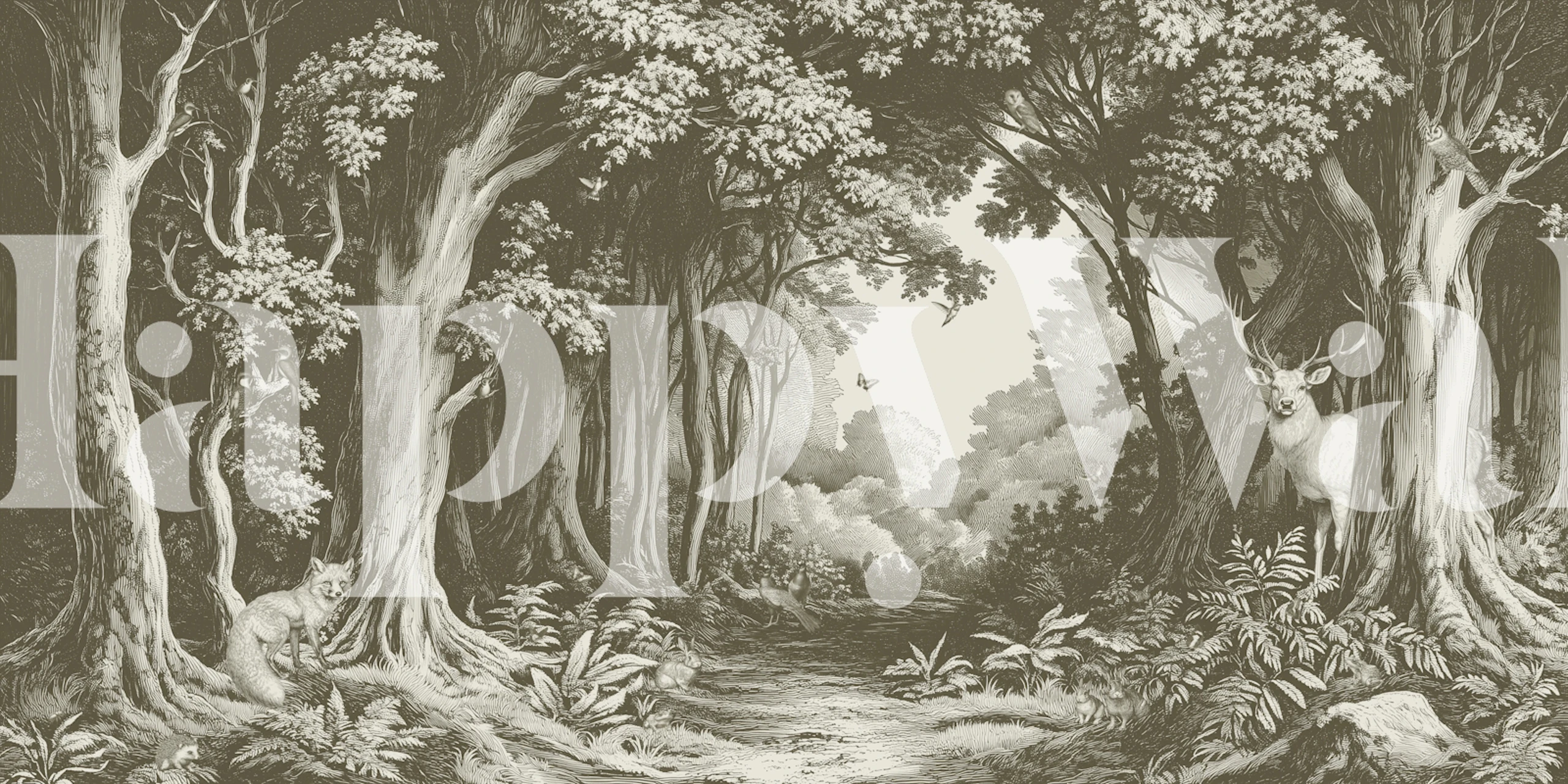 Forest scene with trees and animals in olive tones wallpaper