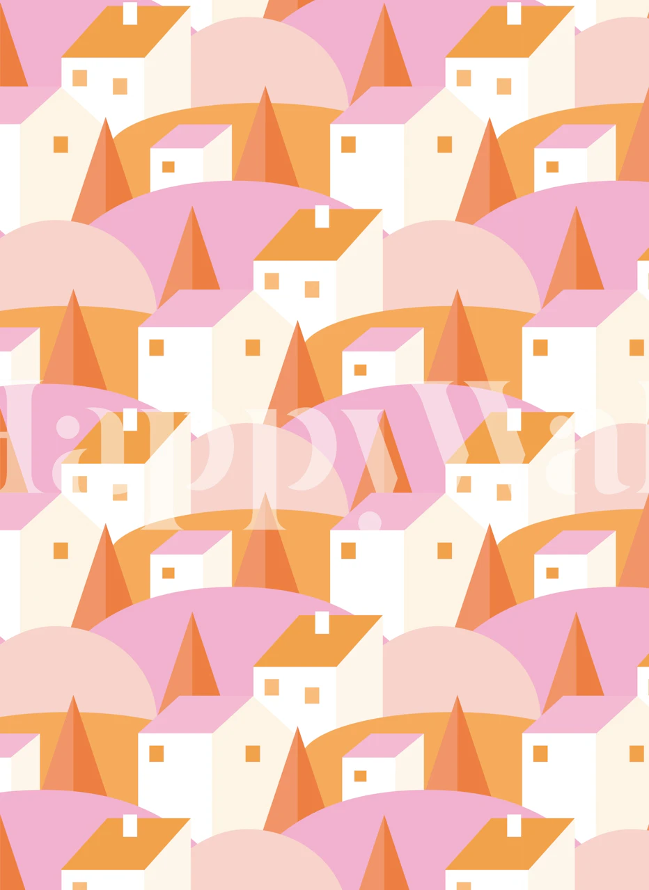Pastel village dream wallpaper in a room