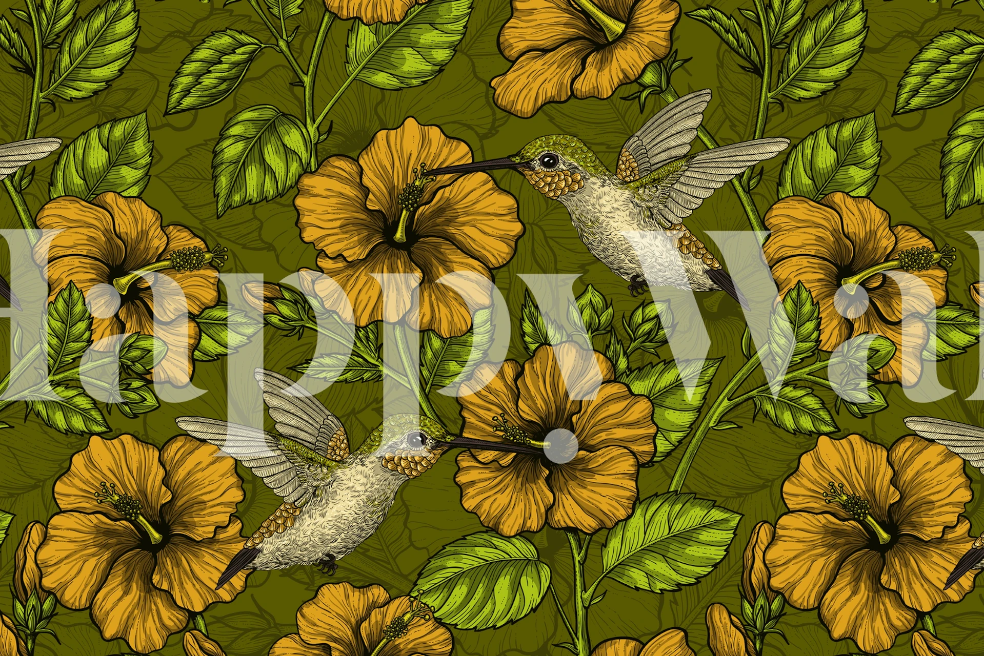 Night tropical garden wallpaper with hummingbirds