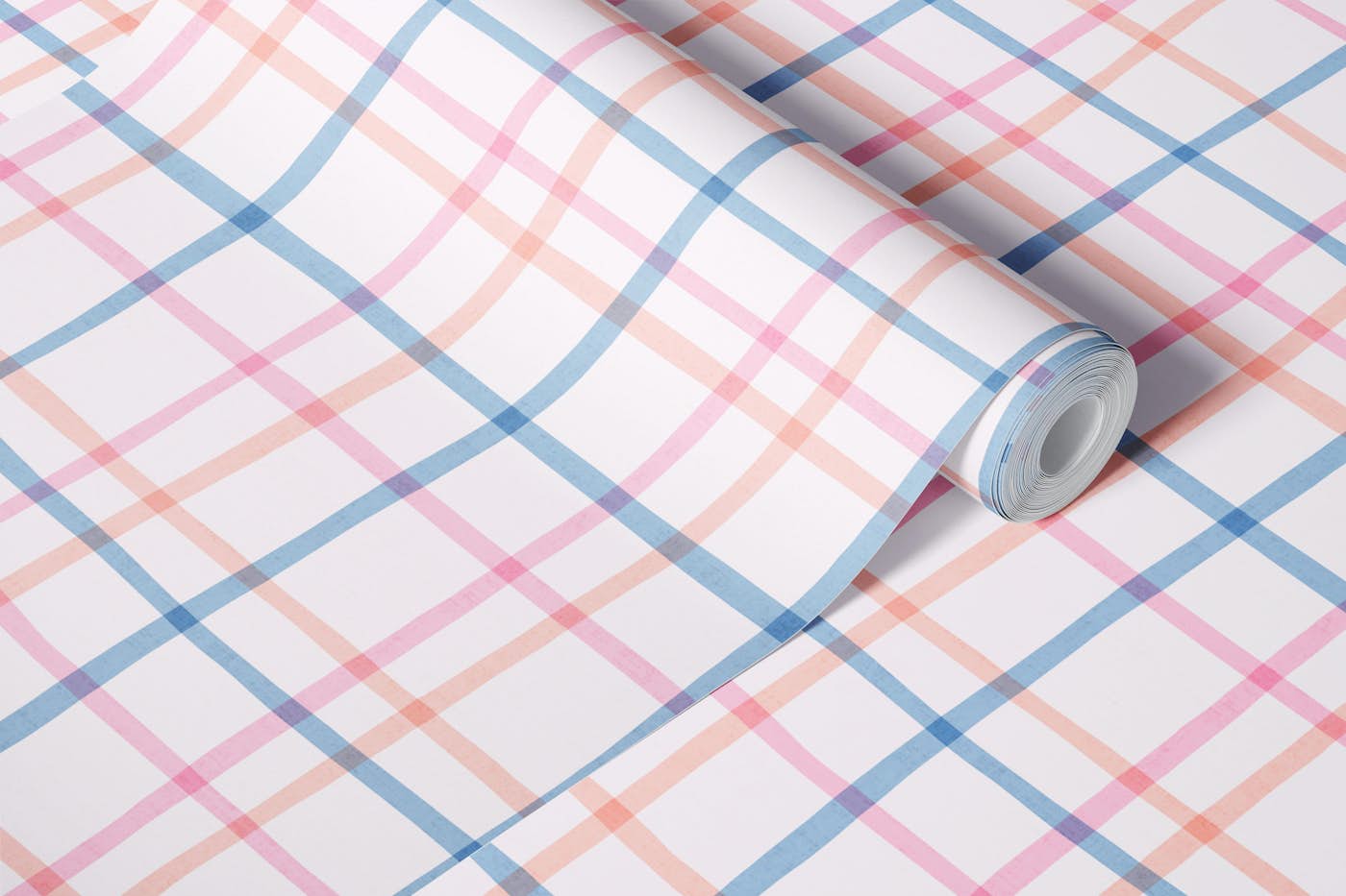 Playful Organic Plaid - Blue Pink Cream wallpaper roll