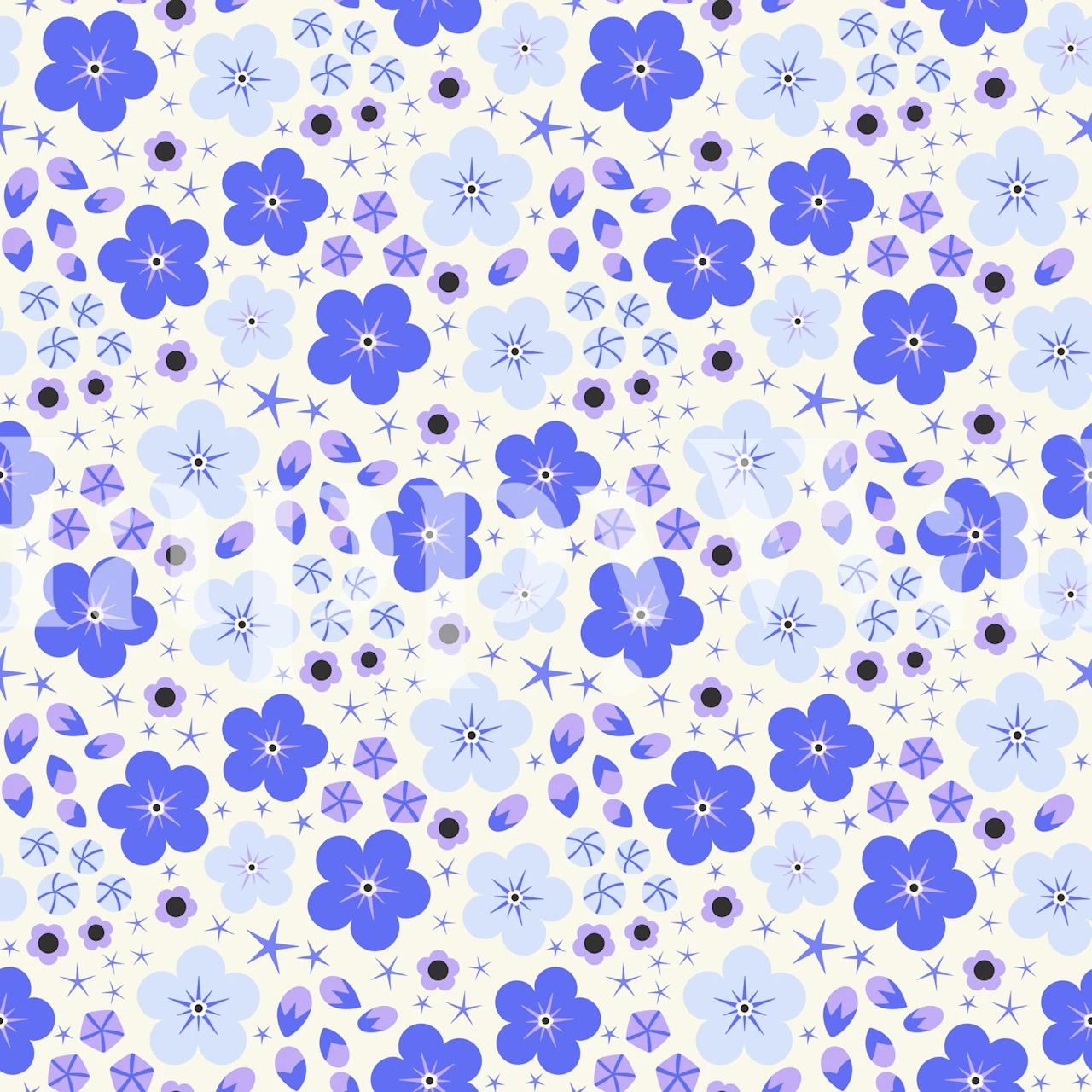 Blue floral pattern on cream background wallpaper