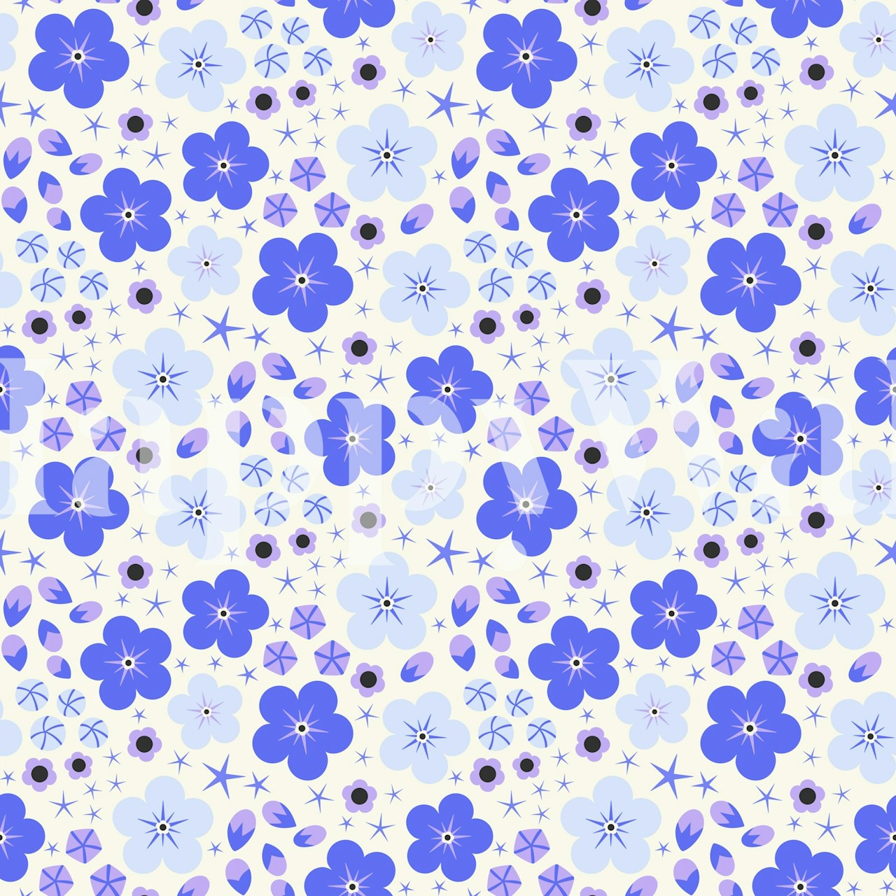 Blue floral pattern on cream background wallpaper