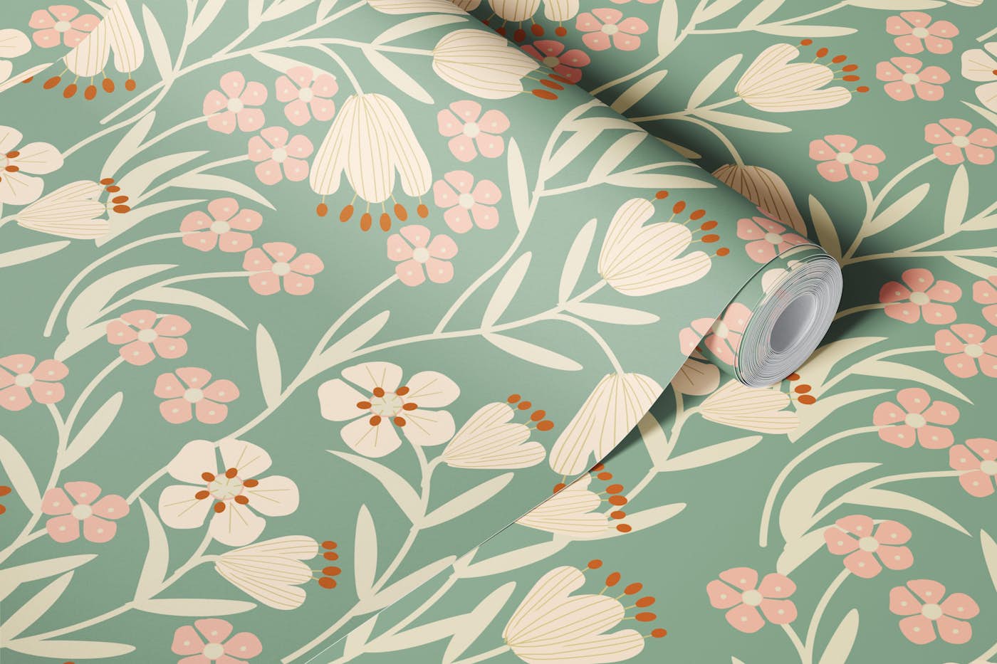 Cream Florals on Sage Green wallpaper roll