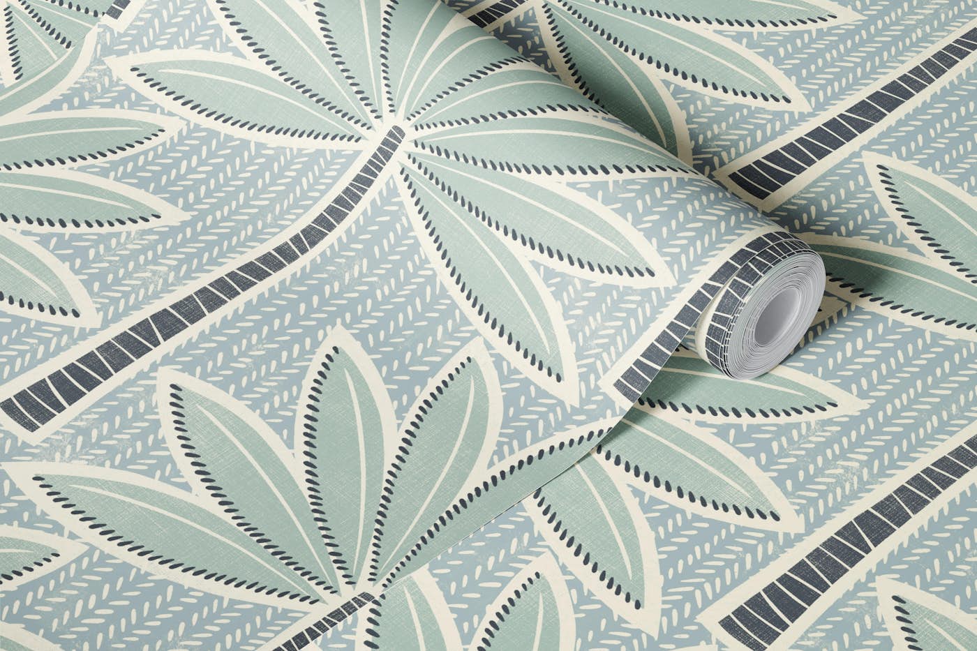 retro palms - mint - faded blue wallpaper roll