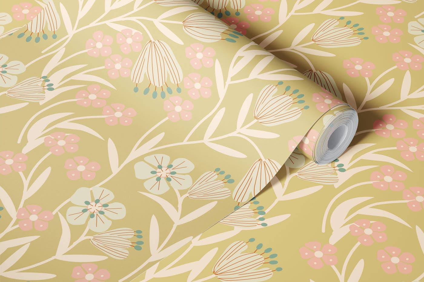 Blush Wildflowers on Golden Olive wallpaper roll