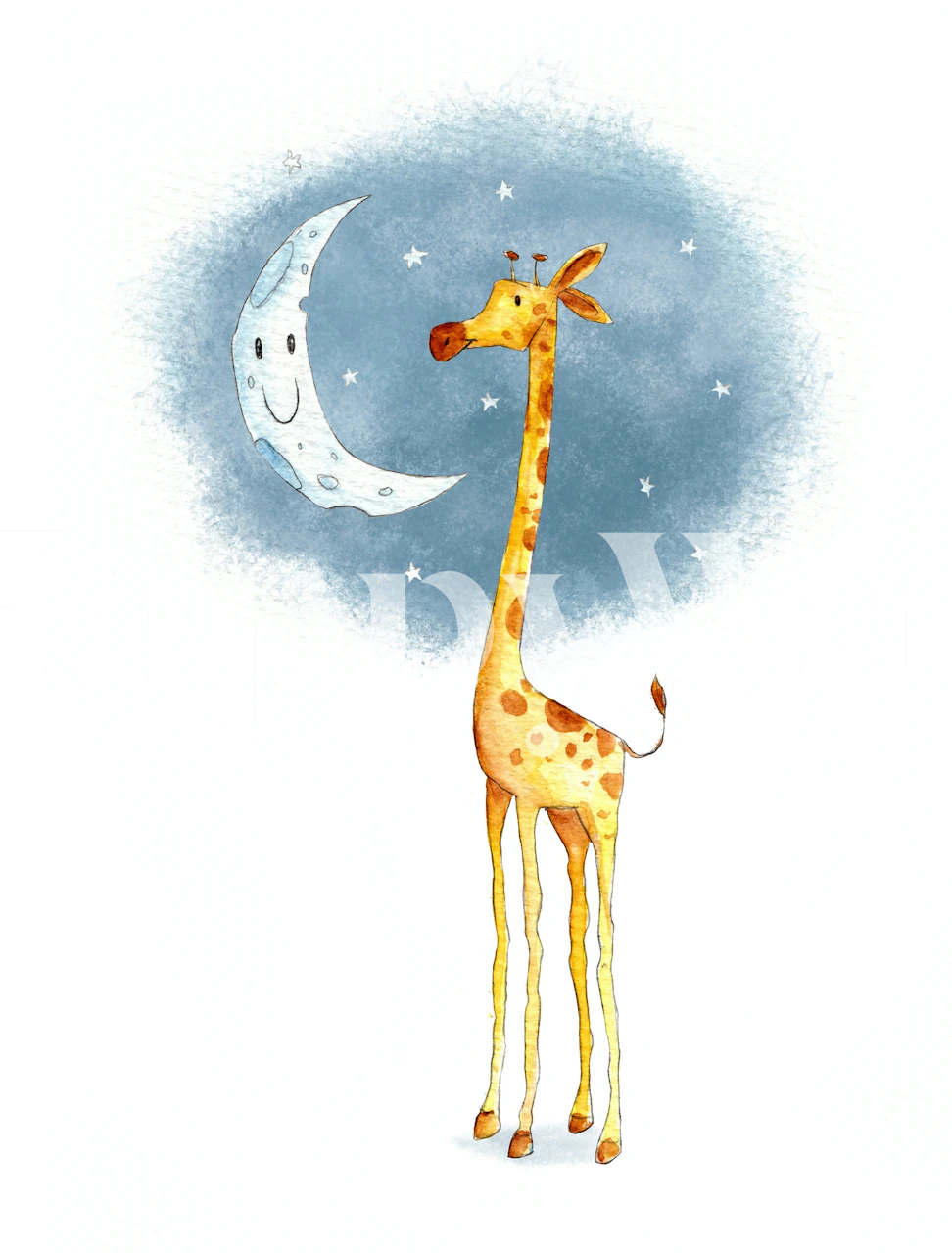Giraffe with moon and stars illustration in soft colors wallpaper
