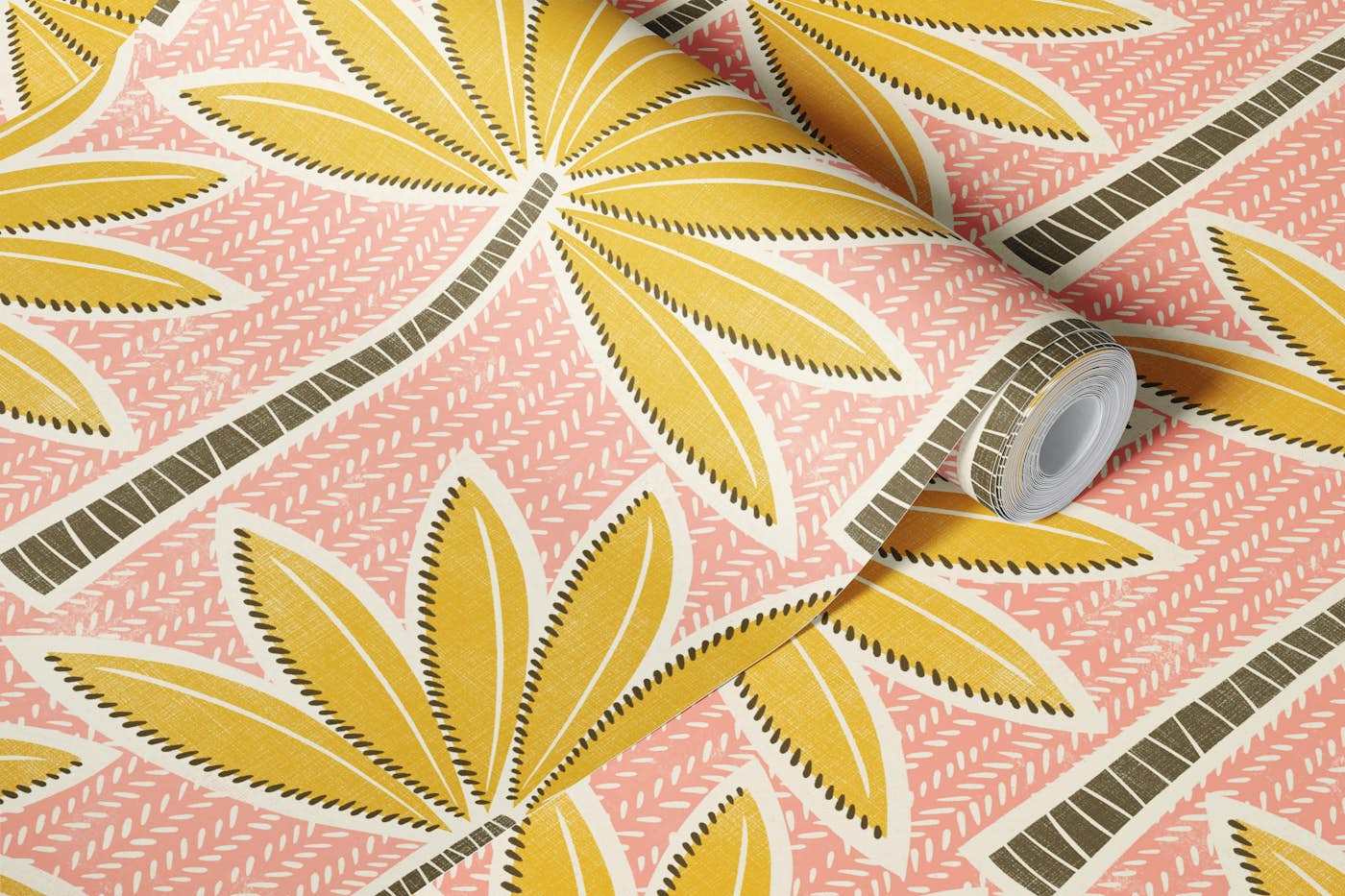 retro palms - mustard - dusty pink wallpaper roll